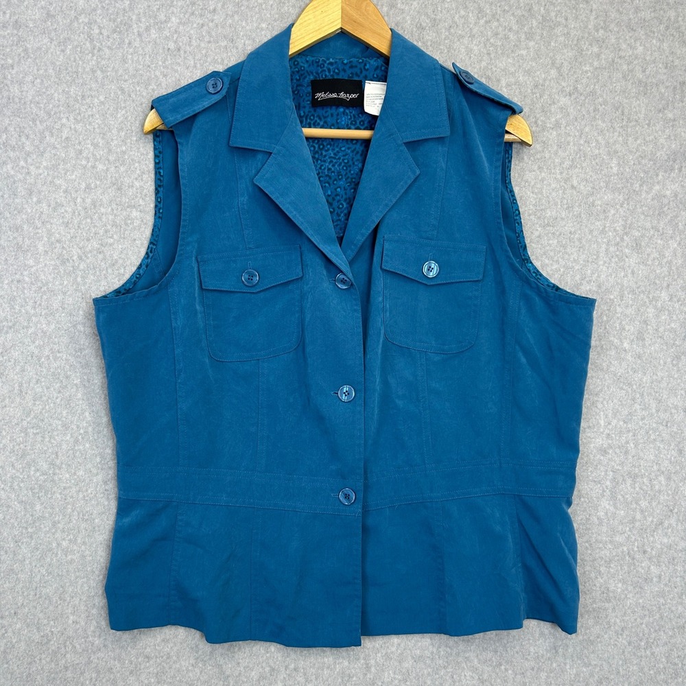 Melissa Harper Vest Teal Blue Button Front Safari Utility Artsy Coastal Size 18